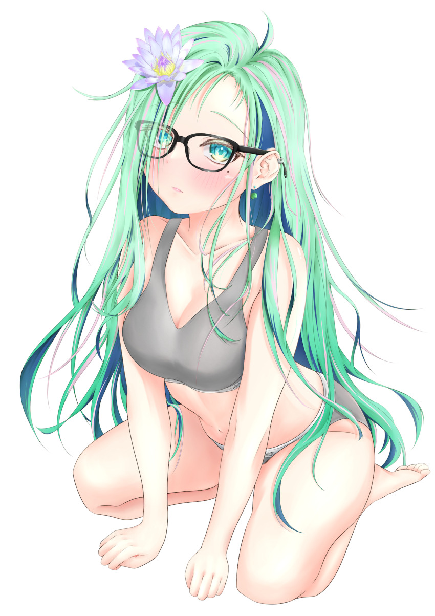 1girl, all_fours, barefoot, black-framed_eyewear, blush, bra, breasts, calvin_klein, clothes_writing, earrings, flower, full_body, glasses, green_eyes, green_hair, grey_bra, grey_panties, hair_over_eyes, highres, jewelry, logo_waistband, long_bangs, looking_at_viewer, medium_breasts, miyashun0, mole, mole_under_eye, multicolored_hair, original, panties, pink_hair, pink_lips, simple_background, solo, streaked_hair, two-tone_hair, underwear, underwear_only, underwear_writing, water_lily_flower, white_background