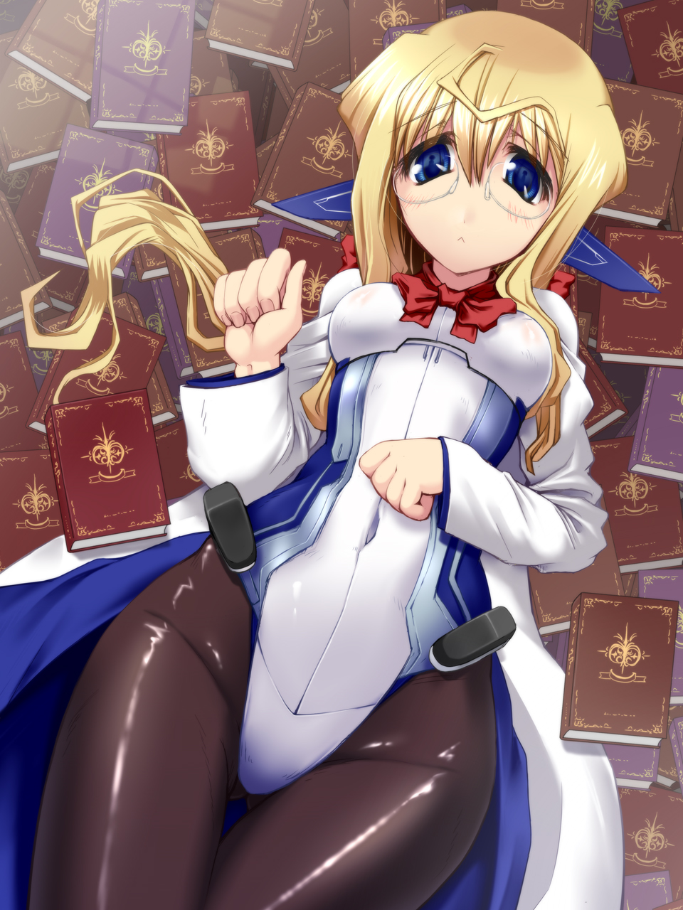 1girl, :<, blonde_hair, blue_eyes, blush, bodysuit, book, breasts, ear_covers, elf, female_focus, glasses, highres, kyoukaisenjou_no_horizon, long_hair, lying, on_back, pantyhose, pointy_ears, sidelocks, small_breasts, solo, thomas_shakespear, thomas_shakespeare, you_naka