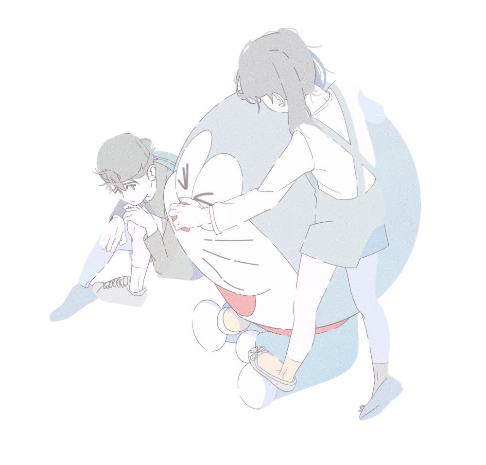 1boy, 1girl, backwards_hat, commentary, crossover, curled_up, doraemon, doraemon_(character)