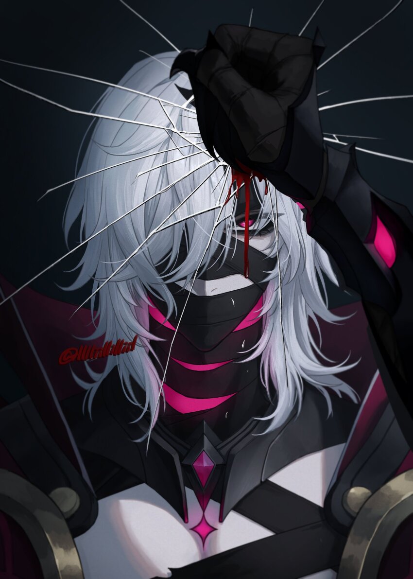1boy, arm_up, armor, black_armor, black_background, blood, covered_mouth, crack, cracked_glass, gauntlets, genshin_impact, highres, lllliillilliil, looking_at_viewer, male_focus, medium_hair, mystical_high_collar, one_eye_covered, parted_bangs, pink_eyes, portrait, rerir_(genshin_impact), simple_background, solo, white_hair
