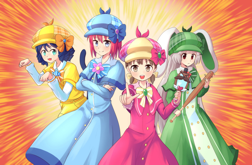 4girls, :d, animal_ears, baseball_bat, blue_dress, blue_eyes, blue_hair, blue_hat