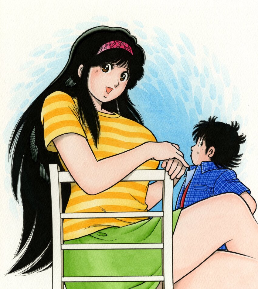 1boy, 1girl, aoba_shunsuke, asaoka_natsumi, black_eyes, black_hair, blue_shirt, breasts