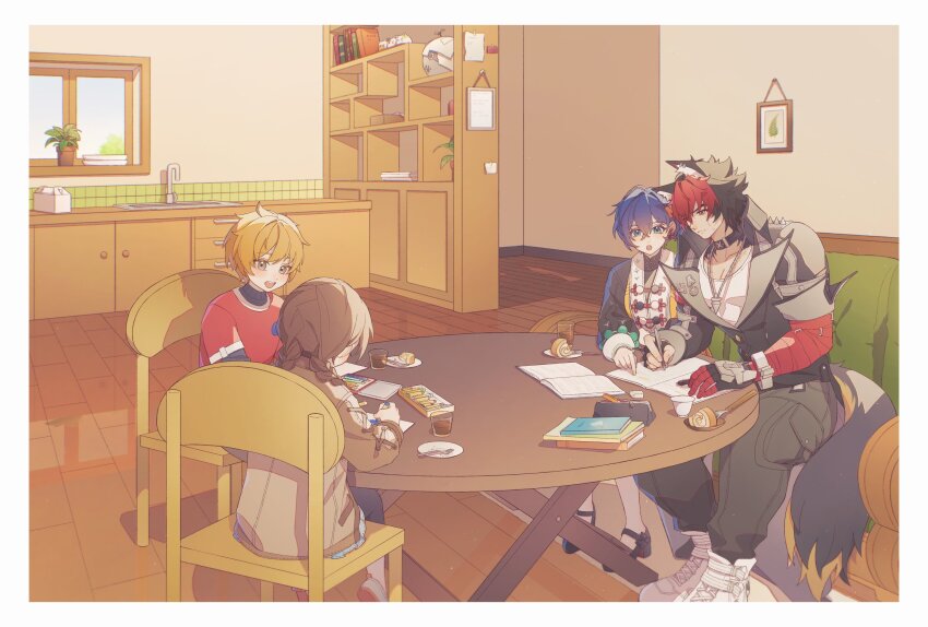 2boys, 2girls, absurdres, animal_ear_fluff, animal_ear_piercing, animal_ears, bag, bandaged_arm