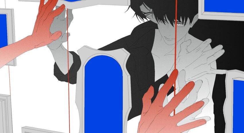 2boys, against_glass, black_hair, character_request, colored_extremities, hand_on_own_chest, highres, kim_dokja