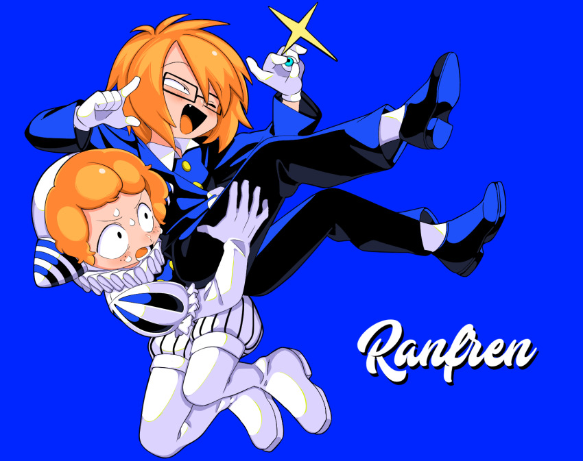 2boys, blue_background, clown, eyeball, fang, freckles, glasses, gloves