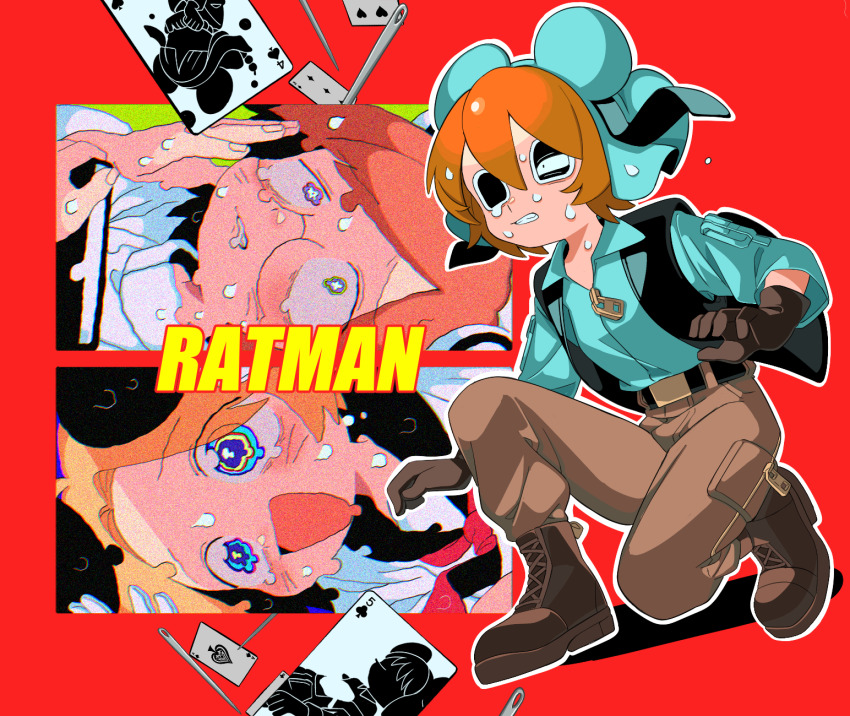 3boys, black_eyes, black_vest, blue_jacket, boots, brown_gloves, card, gloves