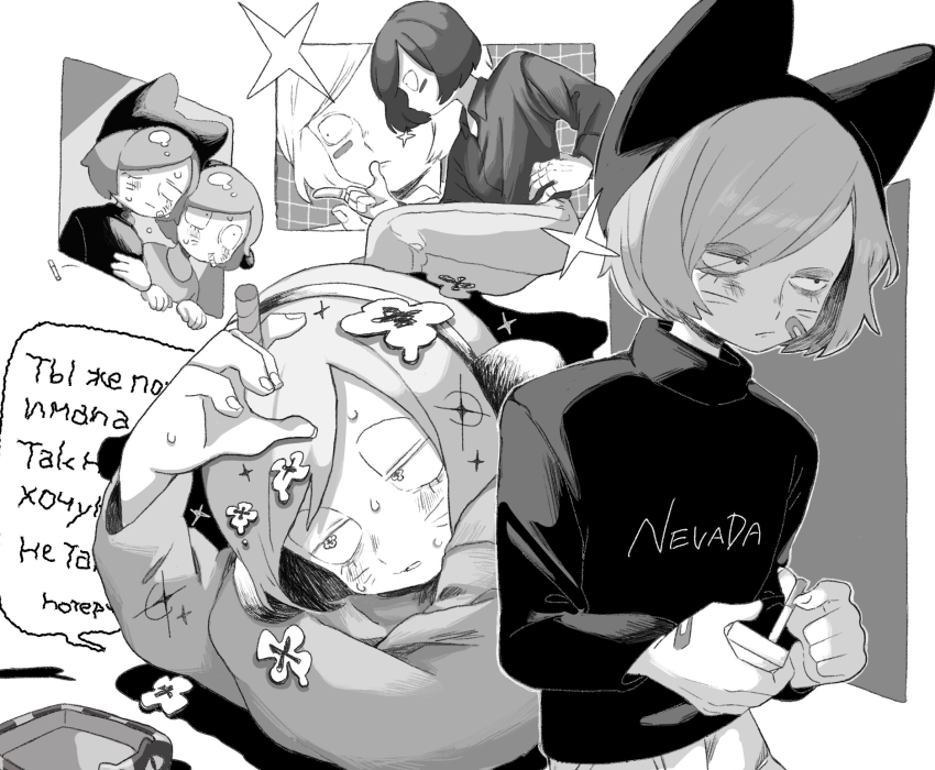3boys, animal_ears, animal_hat, bandaid, bandaid_on_face, blush, cat_hat, cigarette, facial_mark, fake_animal_ears, greyscale, hat, highres, holding, holding_cigarette, joint_(drug), luther_von_ivory, male_focus, marijuana, monochrome, multiple_boys, neko_oven, nyen_(randal's_friends), nyon_(randal's_friends), randal's_friends, russian_text, short_hair, stoned, sweat, sweater, translation_request, turtleneck, turtleneck_sweater, whisker_markings, white_background