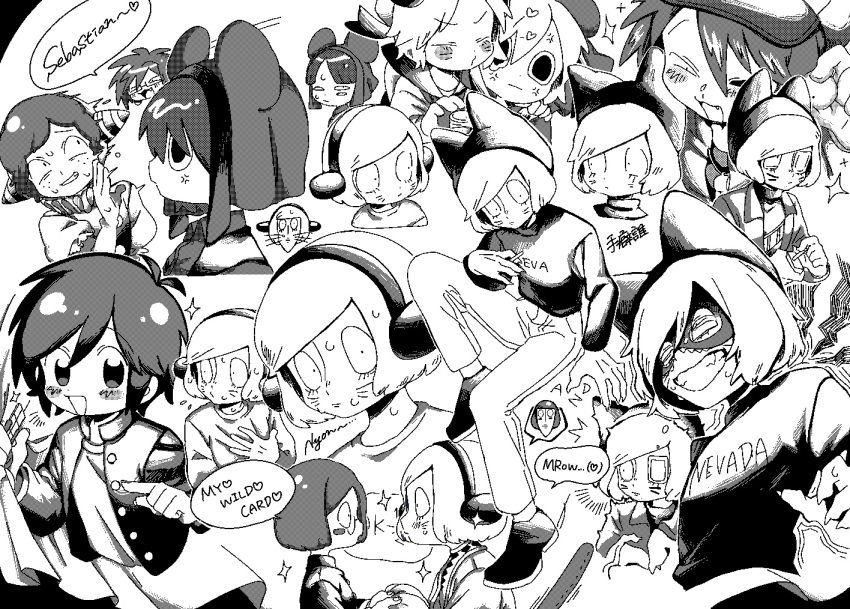 6+boys, animal_ears, animal_hat, cat_hat, dream_luther, facial_mark, fake_animal_ears, greyscale