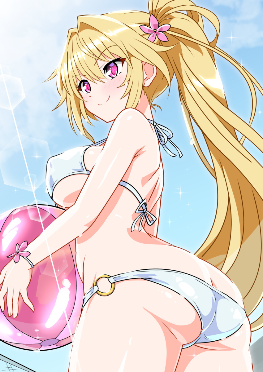 1girl, ball, beachball, bikini, blonde_hair, blue_sky, blush, bracelet