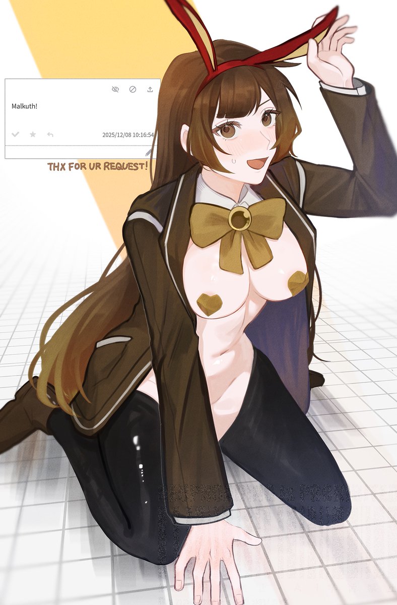 1girl, animal_ears, arm_up, black_thighhighs, boots, bow, bowtie, brown_boots, brown_bow, brown_bowtie, brown_eyes, brown_hair, brown_jacket, fake_animal_ears, heart_pasties, highres, jacket, lapels, library_of_ruina, long_hair, looking_at_viewer, malkuth_(project_moon), notched_lapels, open_mouth, pasties, project_moon, rabbit_ears, request_inset, reverse_bunnysuit, reverse_outfit, rinne_(poyonpoyon_o0), sitting, smile, solo, thighhighs, very_long_hair, wariza
