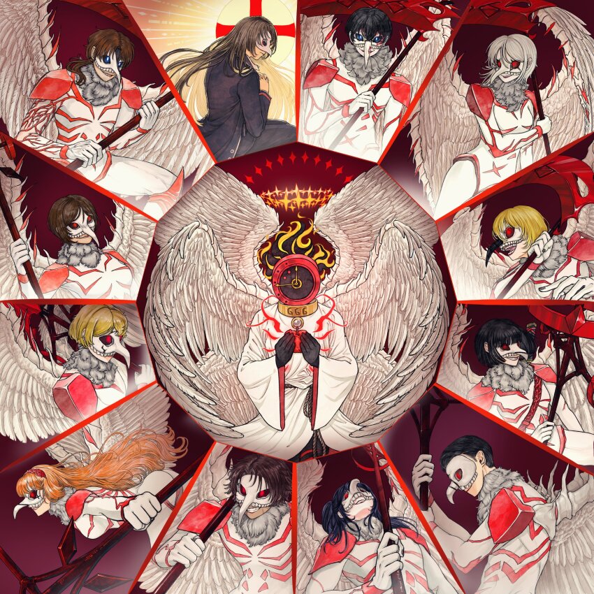 1other, 6+boys, 6+girls, absurdres, angel, angel_wings, apostle_(project_moon), black_hair, blonde_hair, bob_cut, brown_hair, chyapssal, clock, dante_(limbus_company), don_quixote_(project_moon), e.g.o_(project_moon), faust_(project_moon), fire, gregor_(project_moon), grin, halo, heathcliff_(project_moon), highres, holding, holding_scythe, hong_lu_(project_moon), ishmael_(project_moon), limbus_company, lobotomy_corporation, long_hair, looking_at_viewer, meursault_(project_moon), multiple_boys, multiple_girls, multiple_wings, object_head, orange_hair, outis_(project_moon), paradise_lost_(e.g.o), project_moon, rodion_(project_moon), ryoshu_(project_moon), scythe, seraph, short_hair, sinclair_(project_moon), smile, very_long_hair, white_hair, white_mask, white_wings, whitenight_(project_moon), wings, yi_sang_(project_moon)