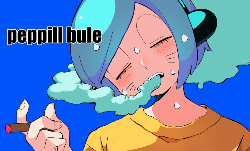 1boy, animal_ears, blue_background, blue_hair, blush, cigarette, closed_eyes, facial_mark, fake_animal_ears, hand_up, head_tilt, highres, holding, holding_cigarette, joint_(drug), male_focus, marijuana, neko_oven, nyon_(randal's_friends), portrait, randal's_friends, shirt, short_hair, simple_background, smoke, smoking, solo, stoned, sweat, whisker_markings, yellow_shirt