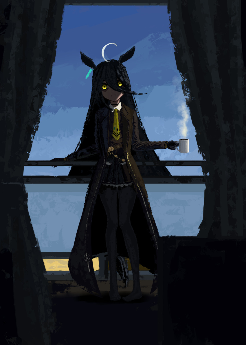 1girl, absurdres, ahoge, animal_ears, black_gloves, black_hair, black_pantyhose, black_shirt