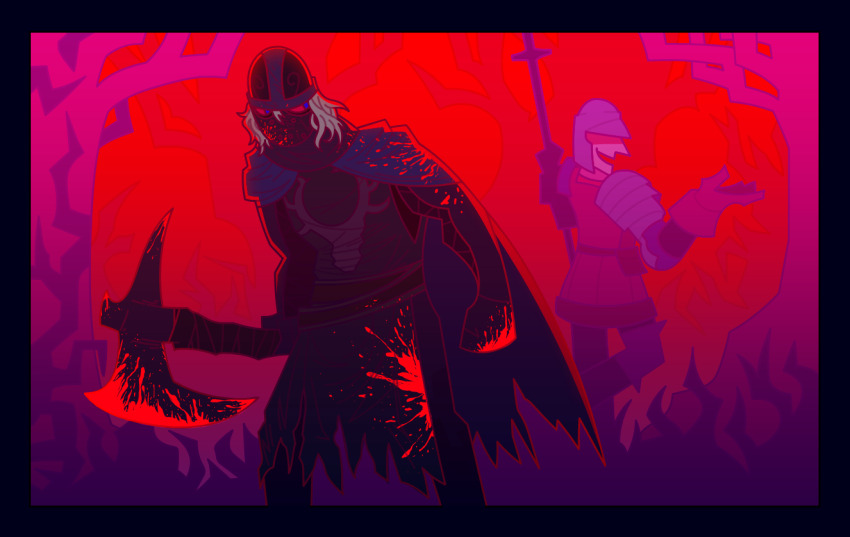 2boys, armor, black_border, black_pants, black_tunic, blood, blood_on_clothes, bloody_weapon