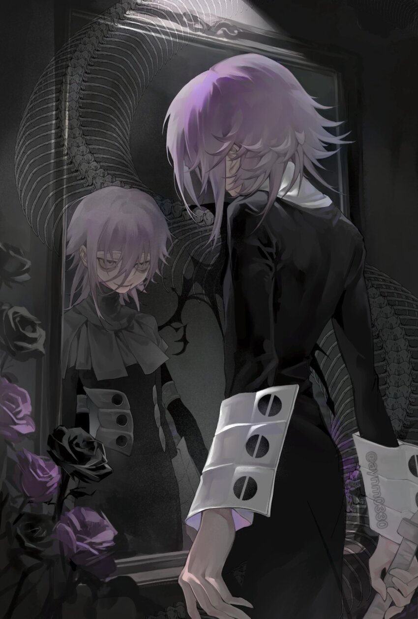1girl, 1other, androgynous, aynm010330, black_dress, black_flower, black_rose, crona_(soul_eater)