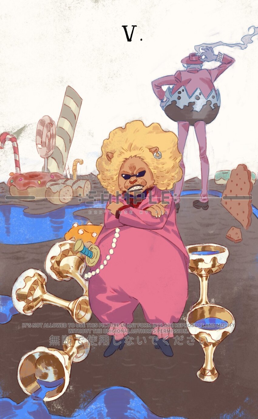 2boys, candy, commentary, crossed_arms, cup, food, formal_clothes, full_body