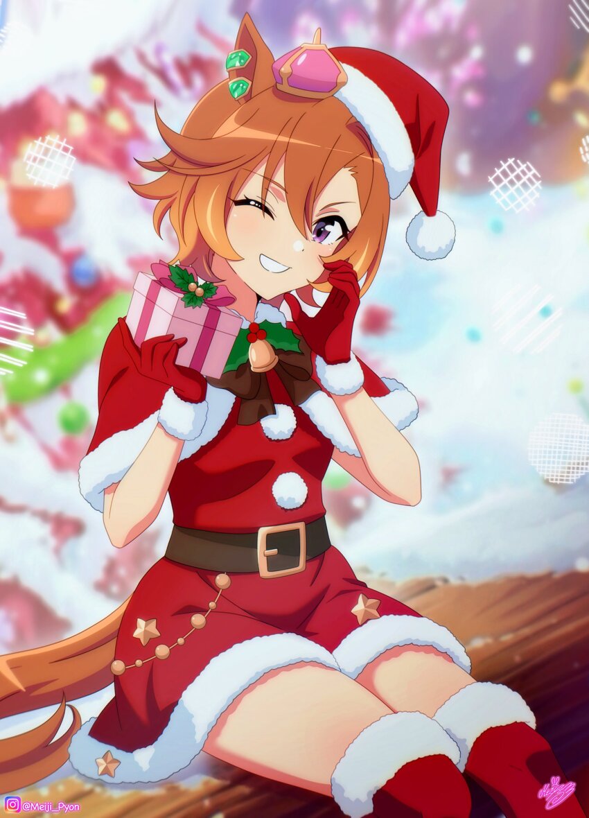 1girl, animal_ears, belt, blush, bow, box, breasts, brown_belt