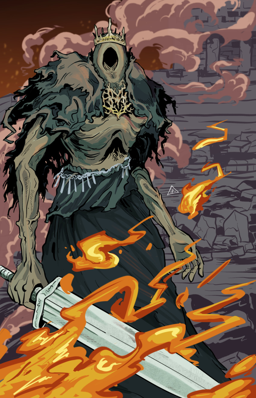 1boy, black_skirt, cape, castle, colored_skin, commentary, cowboy_shot, crown