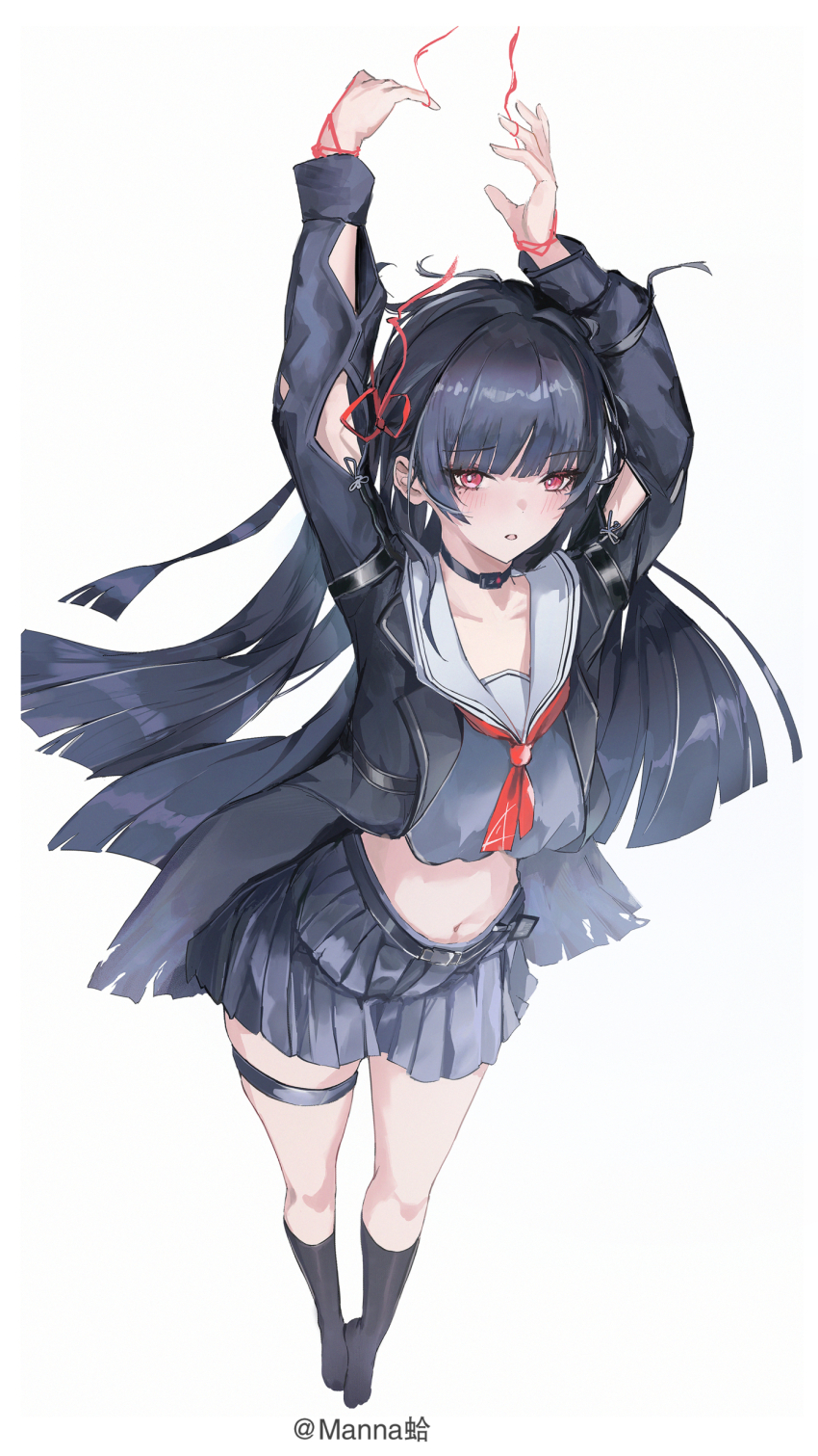 1girl, absurdres, arm_cutout, arms_up, artist_name, black_choker, black_hair, black_jacket