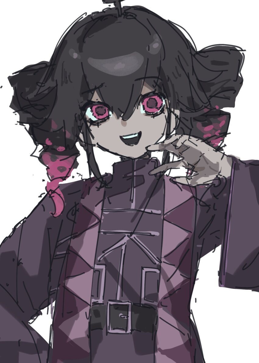 1girl, ahoge, belt, black_belt, black_hair, black_robe, double-parted_bangs, drill_hair