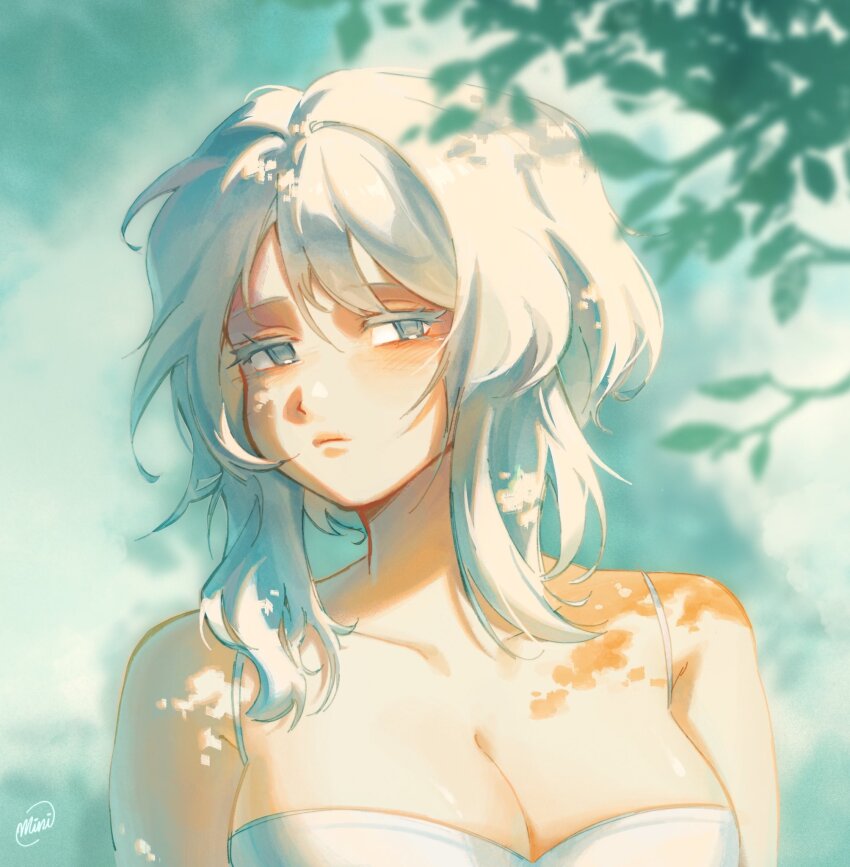 1girl, blue_eyes, breasts, cleavage, closed_mouth, commentary, dappled_sunlight, english_commentary
