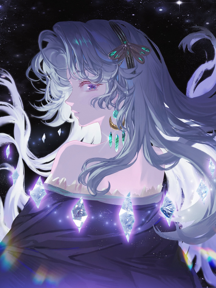 1girl, absurdres, bare_shoulders, beryl_bouanich, black_background, black_cloak, blue_eyes, cloak