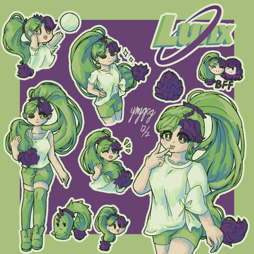 2girls, ball, boots, border, bright_pupils, bud, character_name, chibi, chibi_inset, closed_eyes, closed_mouth, collarbone, creature_and_personification, dusk_lobber_(plants_vs._zombies), eyelashes, eyeshadow, green_boots, green_border, green_eyes, green_eyeshadow, green_hair, green_shorts, green_thighhighs, hair_over_shoulder, hand_on_own_hip, highres, holding, holding_own_hair, long_hair, makeup, moonflower_(plants_vs._zombies), multicolored_hair, multiple_girls, notice_lines, one_eye_closed, open_mouth, original, outline, personification, plants_vs._zombies, plants_vs._zombies_2, ponytail, purple_background, purple_hair, shirt, short_sleeves, shorts, simple_background, smile, sparkle, spikes, thighhighs, two-tone_hair, user_vsvc2775, white_outline, white_pupils, white_shirt