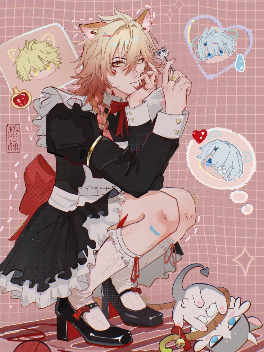 2boys, alternate_costume, animal_ears, apron, black_shoes, braid, chimera_(honkai:_star_rail), closed_mouth, creature, full_body, head_rest, highres, honkai:_star_rail, honkai_(series), juliet_sleeves, kkkkkk202357, long_sleeves, looking_at_viewer, maid, maid_apron, male_focus, multiple_boys, multiple_views, mydei_(honkai:_star_rail), orange_hair, phainon_(honkai:_star_rail), puffy_sleeves, red_tattoo, shoes, single_braid, socks, solo, squatting, white_apron, white_socks, yellow_eyes