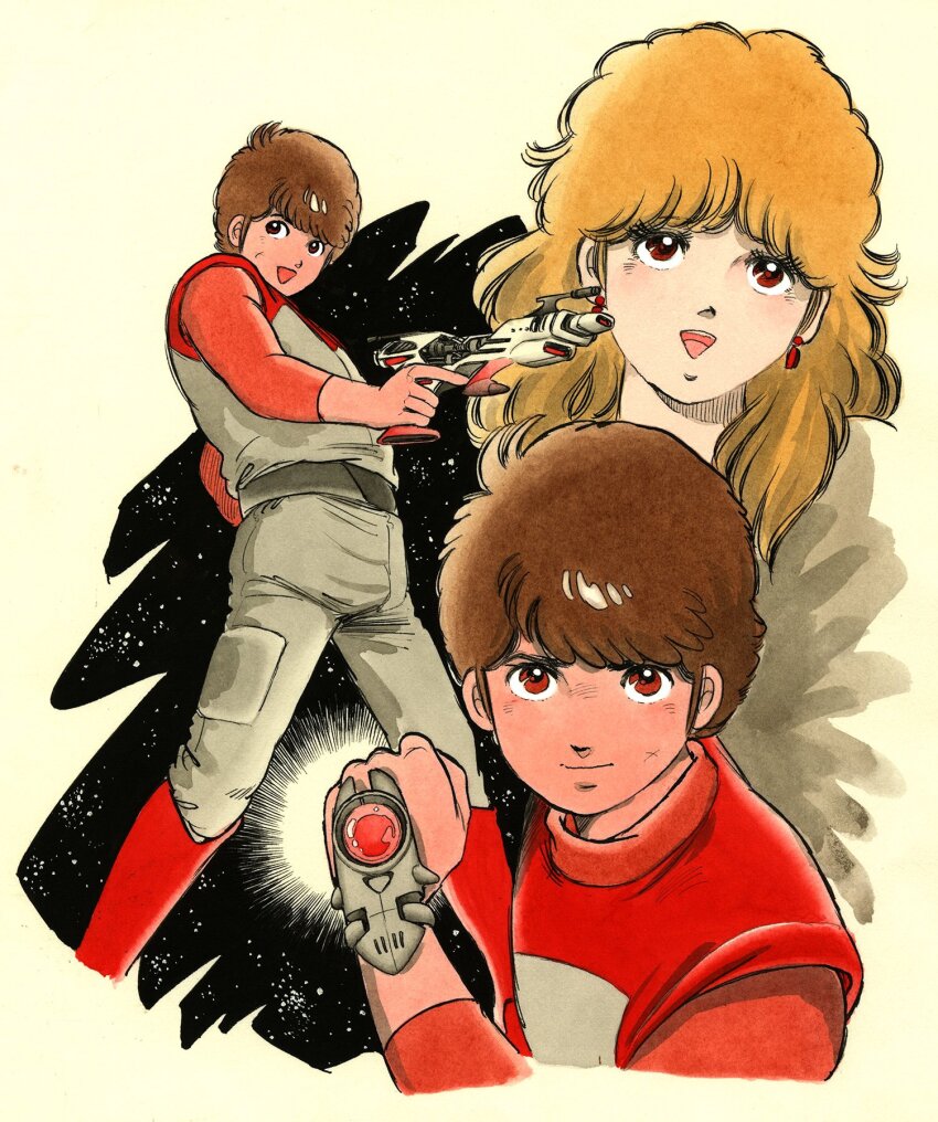 1boy, 1girl, belt, black_belt, blonde_hair, boots, brown_hair, clarissa_macdougall, closed_mouth, commentary_request, earrings, energy_gun, grey_jacket, grey_pants, gun, hand_up, highres, holding, holding_gun, holding_weapon, jacket, jewelry, kimball_kinnison, knee_boots, lensman, looking_at_viewer, medium_hair, miura_mitsuru, multicolored_jacket, multiple_views, official_art, open_mouth, pants, red_boots, red_eyes, red_jacket, red_shirt, science_fiction, shirt, sleeveless, sleeveless_jacket, smile, space, star_(sky), two-tone_jacket, weapon