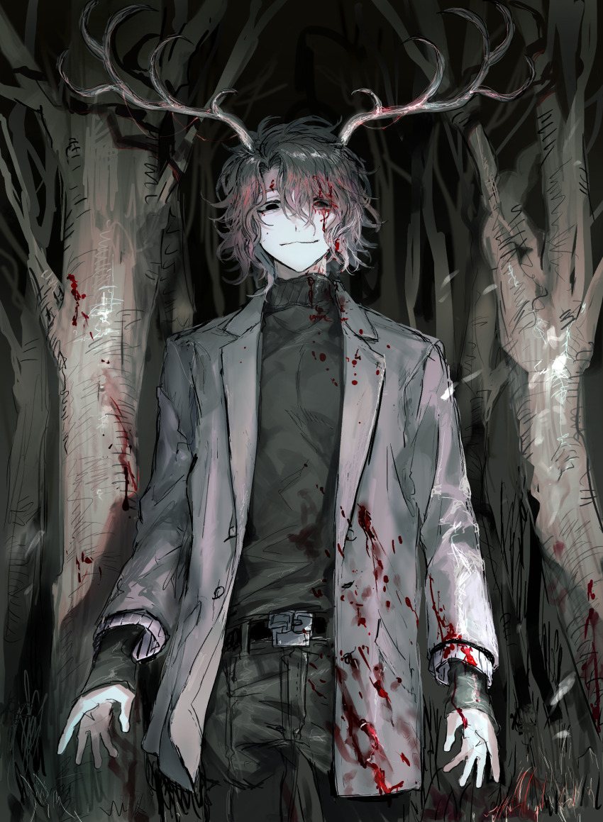 1boy, absurdres, antlers, black_eyes, black_sweater, blood, blood_in_hair, blood_on_clothes