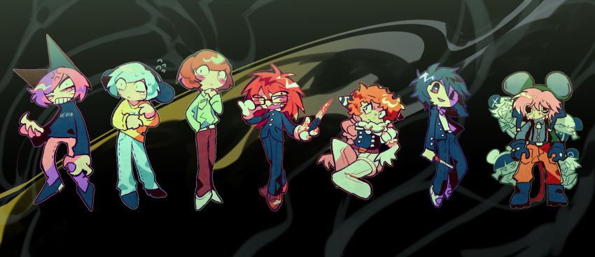 6+boys, animal_ears, animal_hat, black_background, blood, bloody_knife, clown, deformed