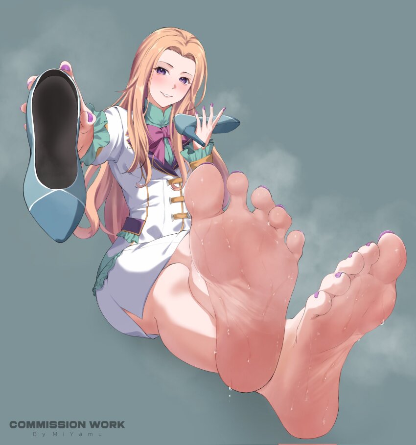 1girl, barefoot, blonde_hair, eiyuu_densetsu, feet, highres, holding, holding_shoes