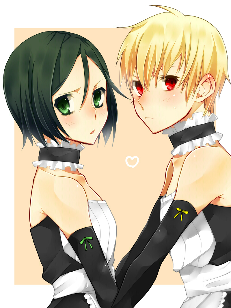 2boys, apron, bare_shoulders, black_hair, blonde_hair, blush, bob_cut, elbow_gloves