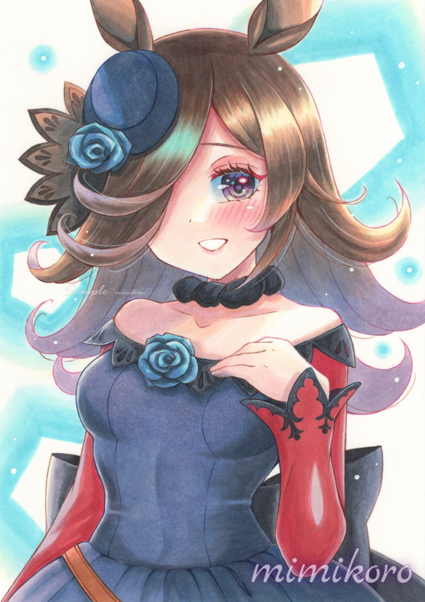 1girl, absurdres, animal_ears, bare_shoulders, blue_dress, blue_flower, blue_hat, blue_rose