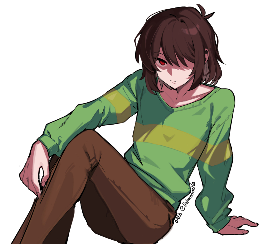 1other, arm_on_knee, arm_support, brown_hair, brown_pants, closed_mouth, commentary, deltanoodle