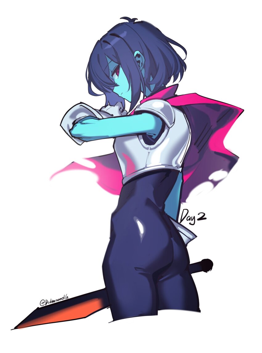 1other, armor, ass, black_unitard, blue_hair, blue_skin, cape, colored_skin, commentary, cropped_legs, deltanoodle, deltarune, english_commentary, highres, holding, holding_sword, holding_weapon, kris_(dark_world)_(deltarune), kris_(deltarune), looking_at_viewer, other_focus, pink_cape, red_eyes, short_hair, signature, simple_background, solo, sword, utdr_(toby_fox), weapon, white_background