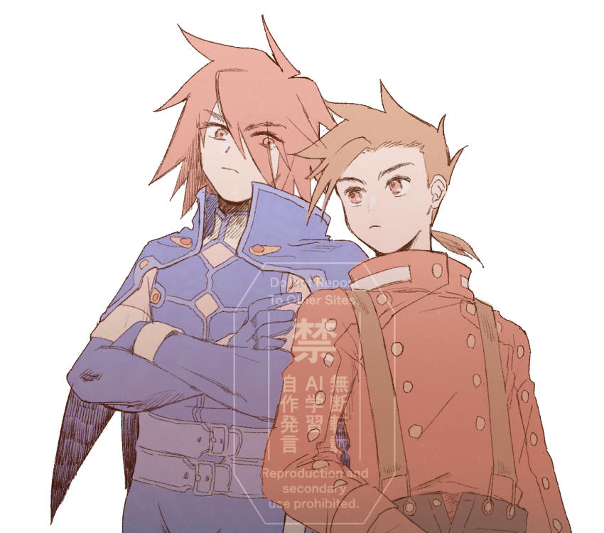 belt, black_pants, brown_eyes, brown_hair, cape, collared_cape, crossed_arms, dovepopopo, elbow_gloves, fingerless_gloves, gloves, hair_between_eyes, kratos_aurion, leggings, lloyd_irving, long_sleeves, looking_at_another, medium_hair, multiple_belts, pants, purple_belt, purple_cape, purple_gloves, purple_leggings, purple_shirt, red_eyes, red_gloves, red_hair, red_shirt, scarf, shirt, simple_background, sleeveless, sleeveless_shirt, suspenders, tales_of_(series), tales_of_symphonia, white_background, white_scarf