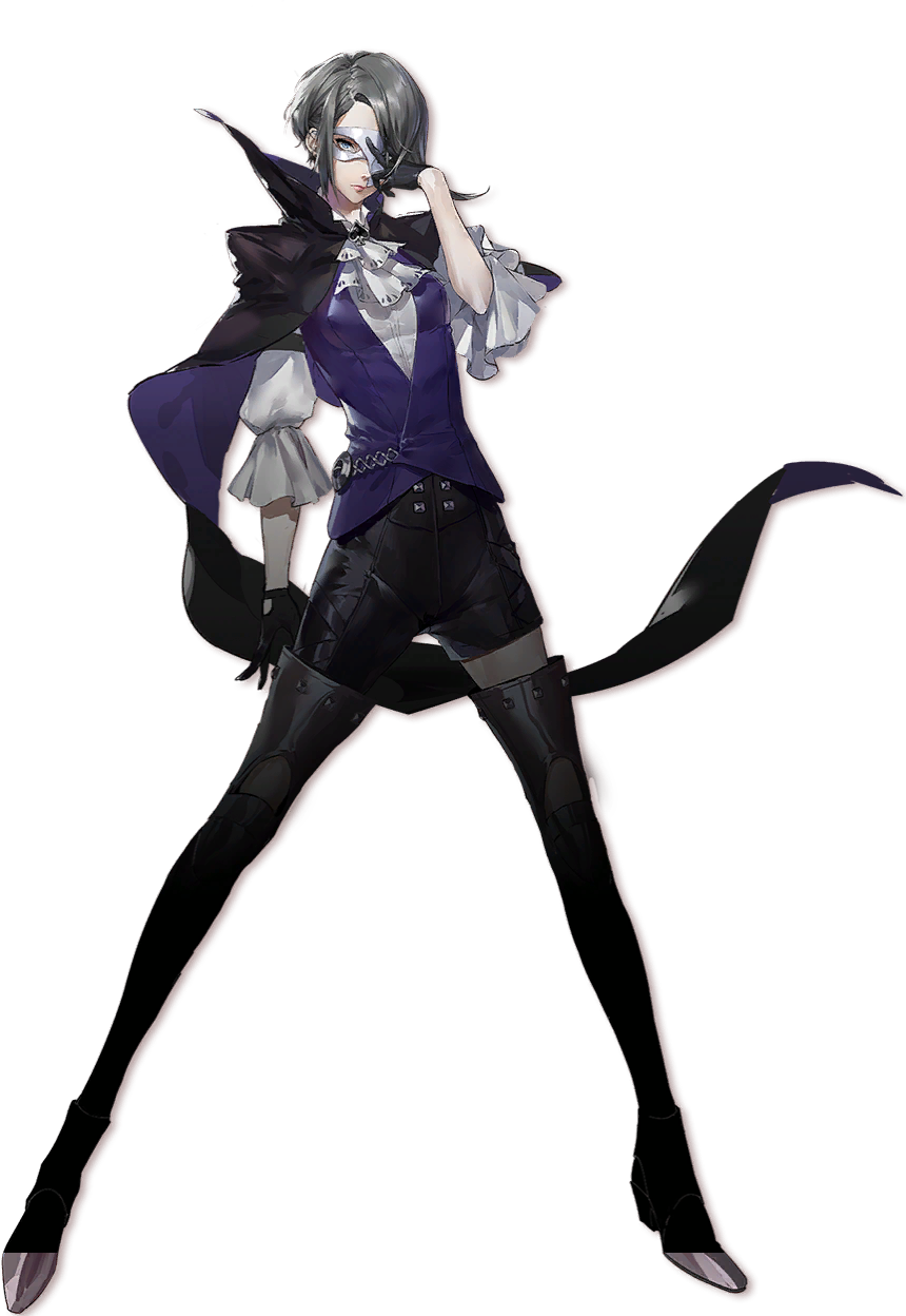 1girl, black_gloves, blue_eyes, boots, cape, closed_mouth, eye_mask, fujikawa_yukimi