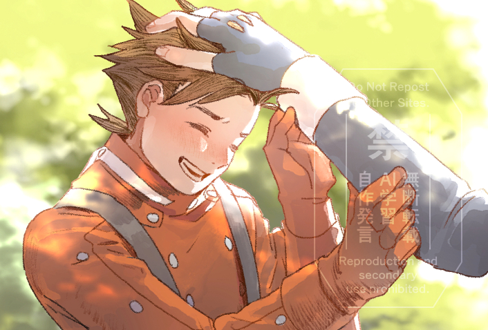 1boy, blurry, blush, brown_eyes, brown_hair, closed_eyes, depth_of_field, dovepopopo