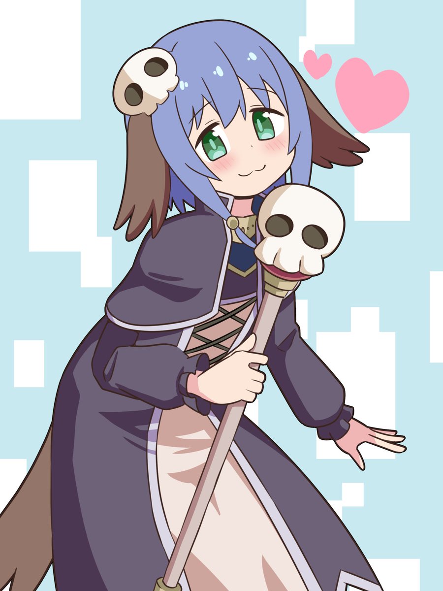 1girl, :3, animal_ears, blue_hair, blush, capelet, commentary, fujimi_nemu