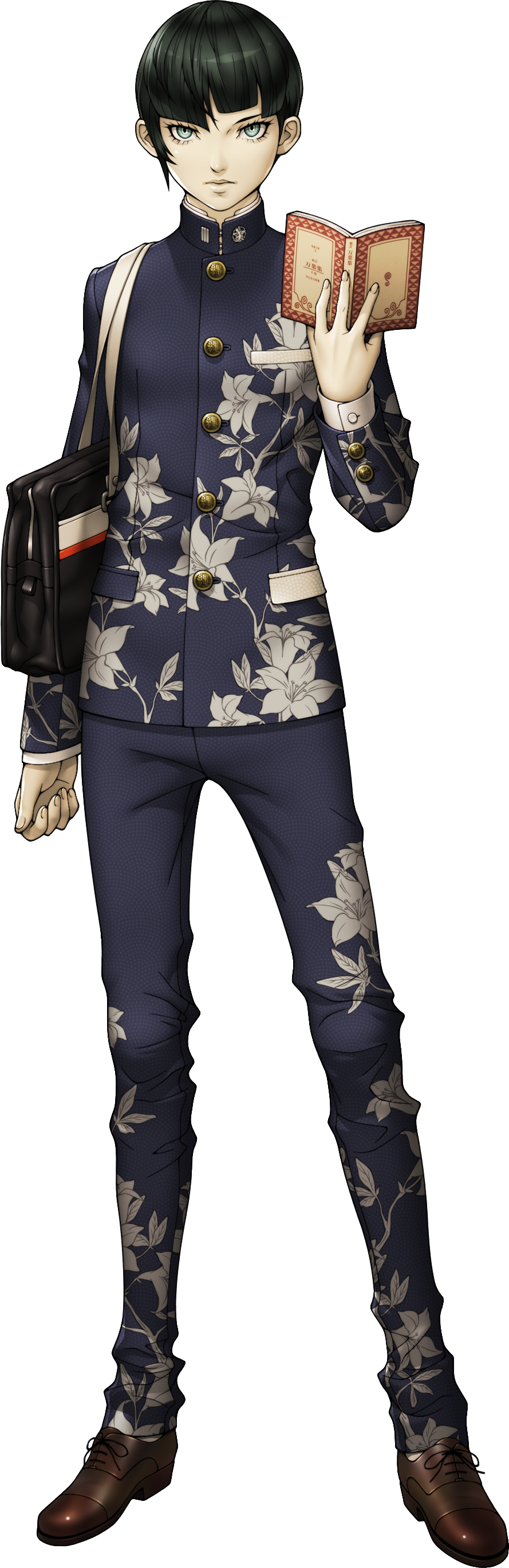 1boy, absurdres, androgynous, bag, black_hair, blue_eyes, book, bowl_cut