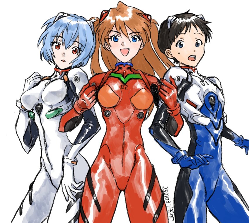 1boy, 2girls, :o, arano_nknk, ayanami_rei, blue_bodysuit, blue_eyes, blue_hair