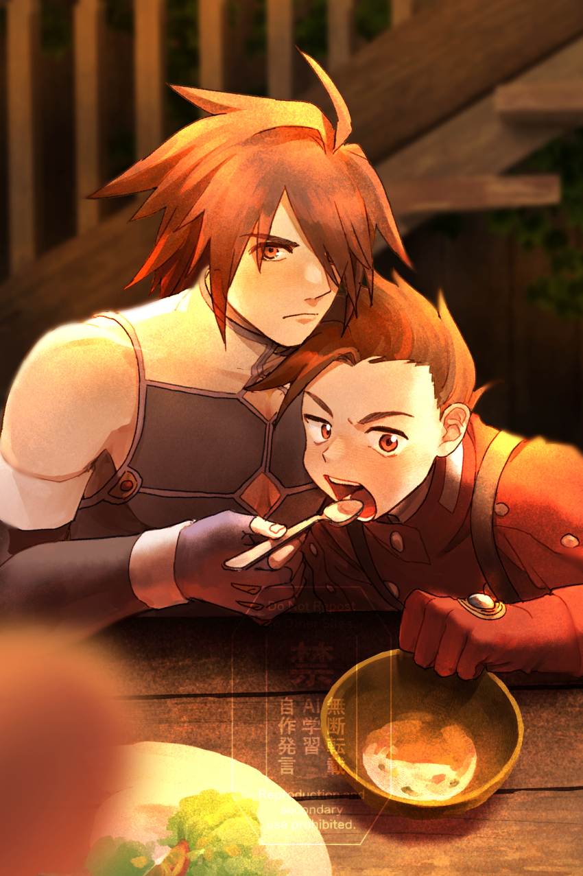2boys, bowl, brown_eyes, brown_hair, dovepopopo, eating, elbow_gloves, father_and_child