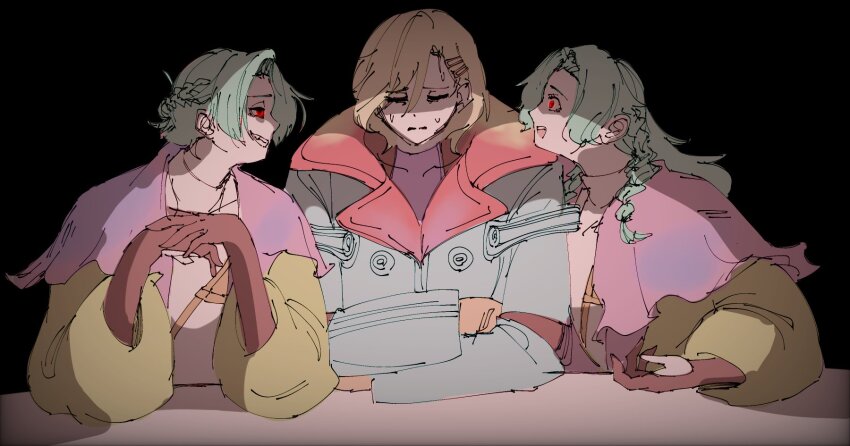 1boy, 1girl, 1han, alien, black_background, blonde_hair, closed_eyes, evil_smile, fingerless_gloves, gloves, gnosia, hair_ornament, hairclip, happy_megchan, highres, meme, red_eyes, setsu_(gnosia), short_hair, smile, smug, tagme, the_weaker_sex_1_(gibson), yuri_(gnosia)