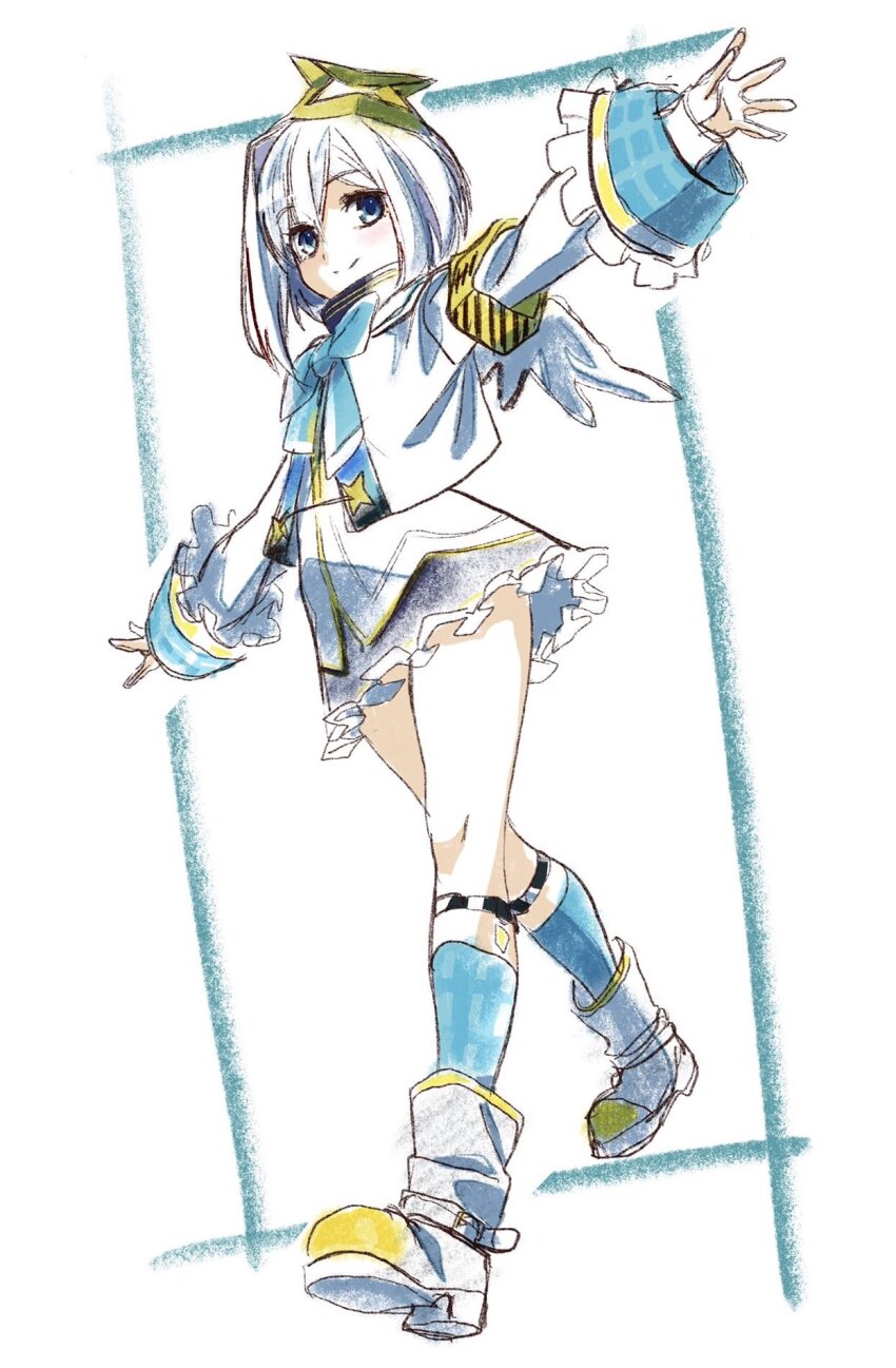 1girl, amane_kanata, angel_wings, armband, blue_bow, blue_bowtie, blue_hair, blue_socks