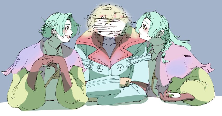 1boy, 1girl, 1han, alien, black_background, blonde_hair, closed_eyes, evil_smile, fingerless_gloves, gloves, gnosia, hair_ornament, hairclip, happy_megchan, highres, meme, red_eyes, setsu_(gnosia), short_hair, smile, tagme, the_weaker_sex_1_(gibson), yuri_(gnosia)