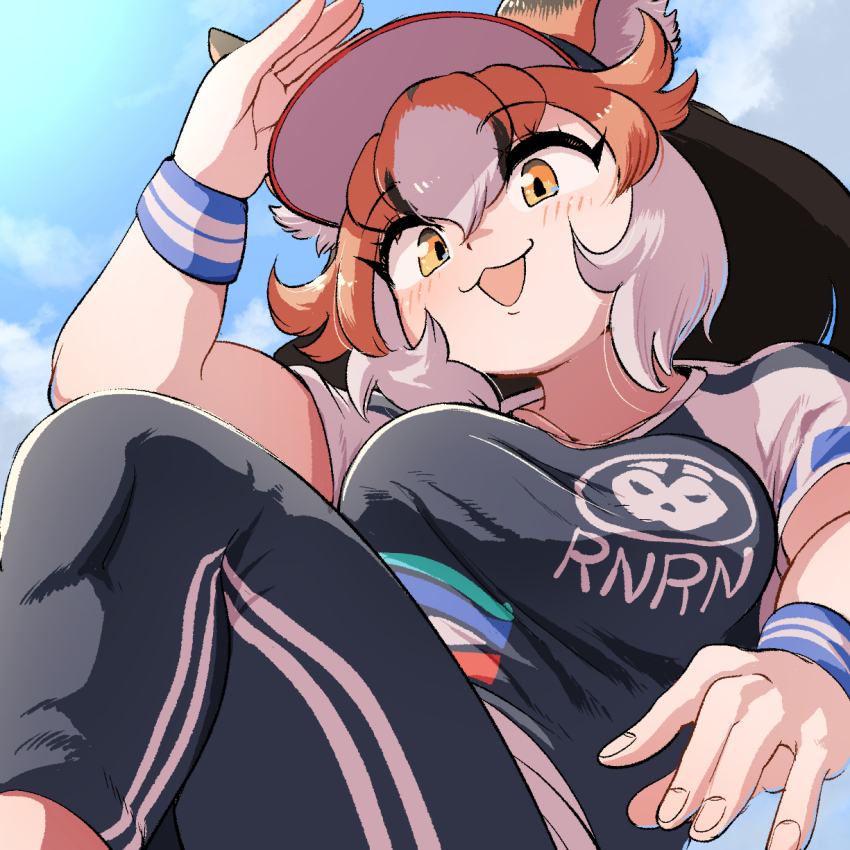 1girl, animal_ears, black_hair, blue_sky, blush, breasts, brown_eyes, brown_hair