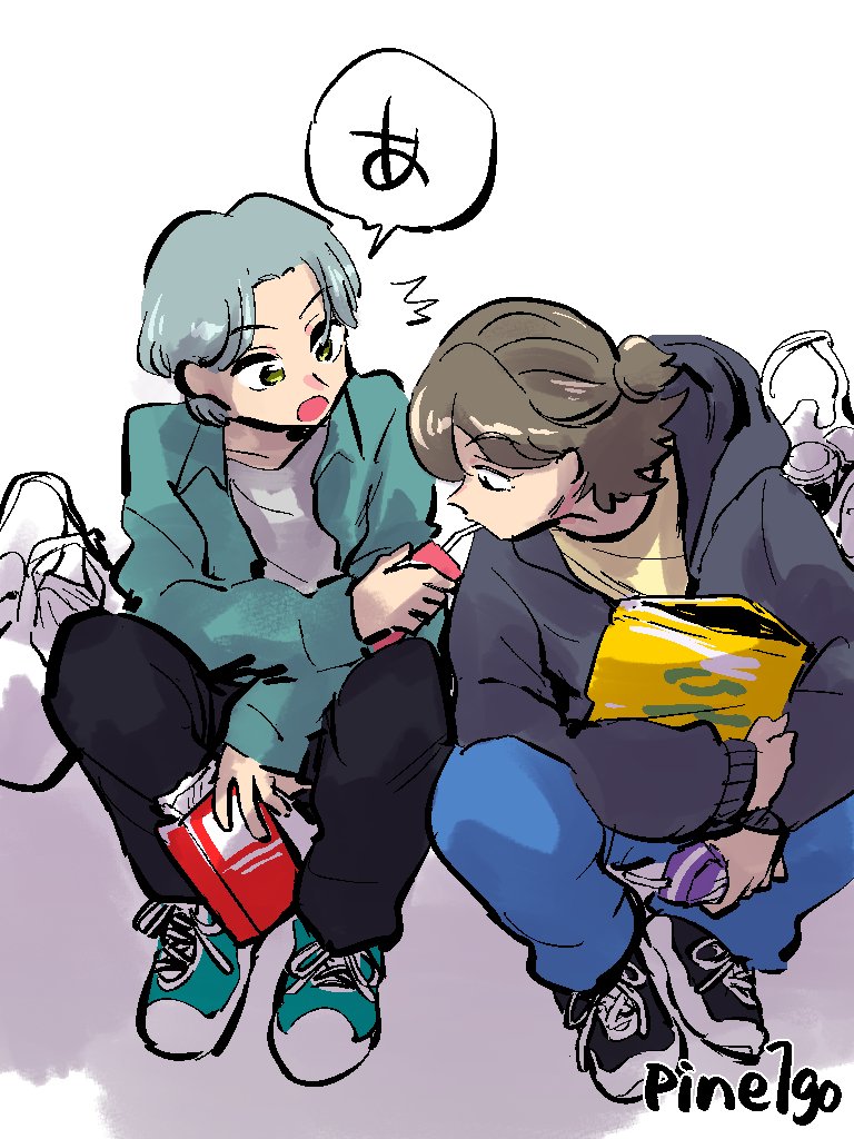 !?, 2boys, brown_hair, chips_(food), denim, drink, drinking, eating