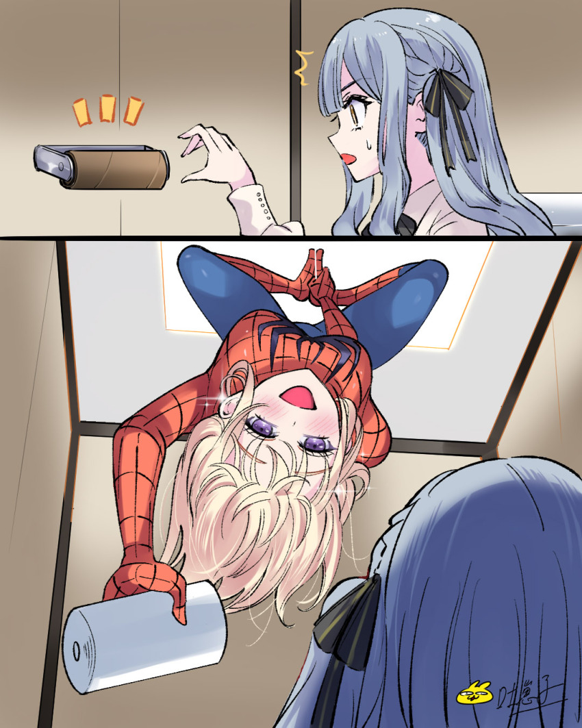 2girls, bang_dream!, bang_dream!_it's_mygo!!!!!, black_ribbon, blonde_hair, blue_hair, chinese_commentary, commentary_request