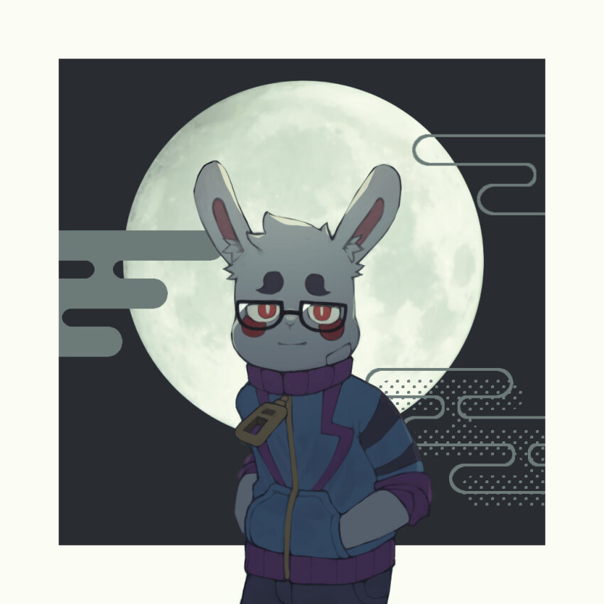 1boy, batten_xxxx, blue_jacket, border, bright_pupils, closed_mouth, egasumi, full_moon, furry, furry_male, glasses, hands_in_pockets, hashtag-only_commentary, jacket, long_sleeves, looking_at_viewer, male_focus, moon, moon_behind_head, rabbit_boy, red_eyes, sleeves_rolled_up, smile, solo, white_border, white_pupils, yamanashi_mitsuki, yamanashi_mitsuki_(character), zipper_pull_tab
